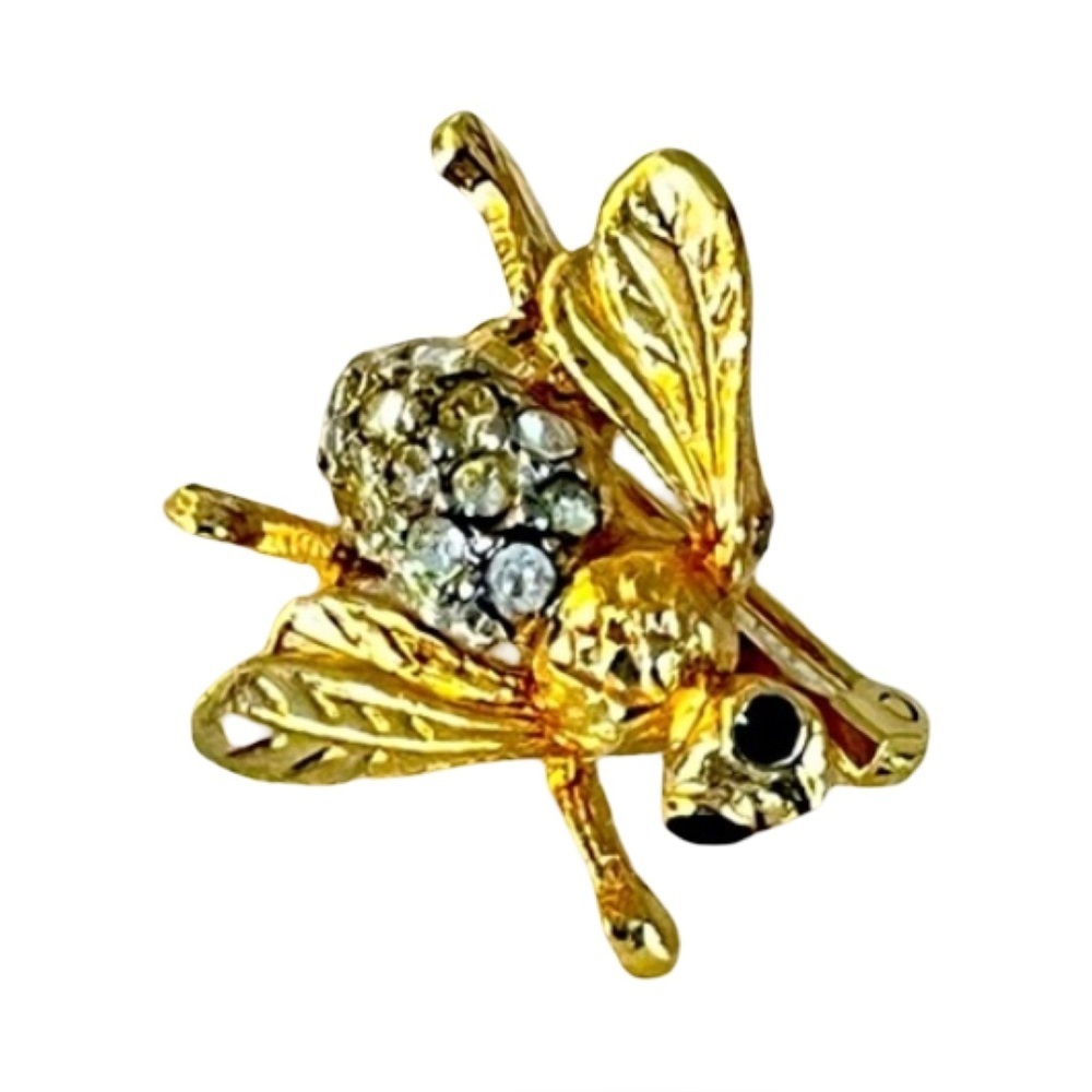 Vintage Gold Bee Brooch with Crystal Accents and Black Enamel Eyes